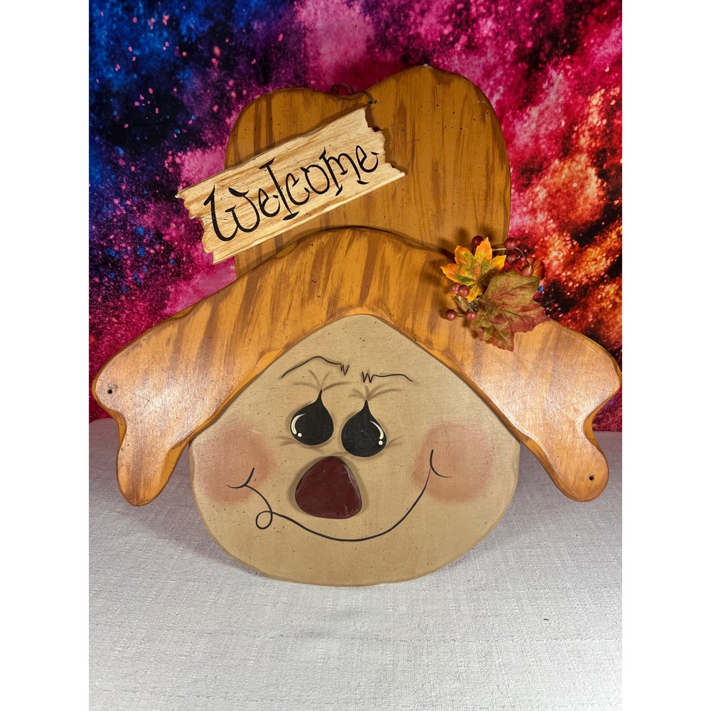 Vintage 90s Hand Painted Wooden Scarecrow Welcome Sign Fall Harvest Decor 18in